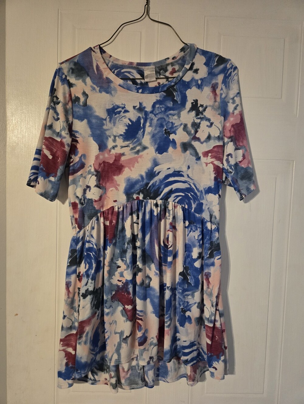 Girls Floral Watercolor Short Sleeve Dress - Blue & Pink